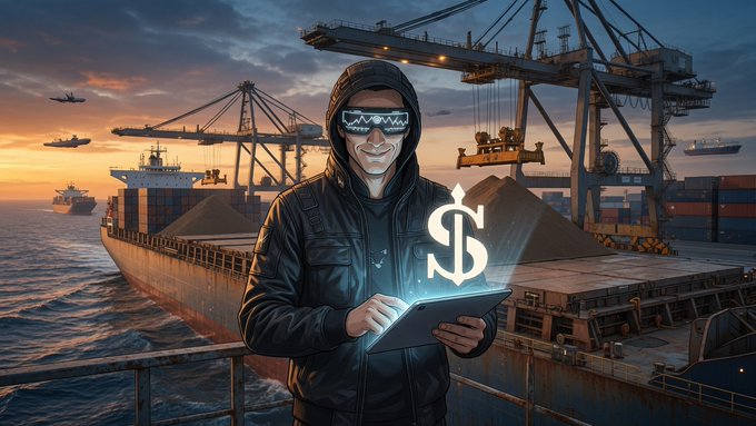 A digitally illustrated scene shows a smiling figure in a hooded jacket wearing digital sunglasses displaying a chart, holding a tablet with a glowing dollar sign, set against a port with cargo ships and cranes at sunset.