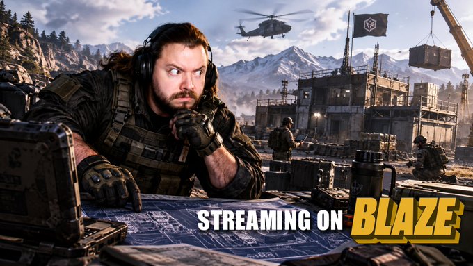 A promotional image for a military-themed video game or stream featuring a bearded soldier with headphones examining a map, with helicopters and soldiers in a mountainous base setting, and the text 'STREAMING ON BLAZE' prominently displayed.