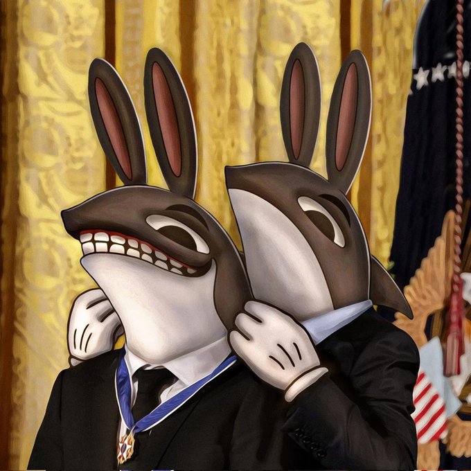 A person in a black suit wearing a medal holds up two large cartoon rabbit masks (one in front of their face and another over their shoulder) in front of golden curtains and an American flag, humorously symbolizing "og farmers returning from retirement" as referenced in the post.