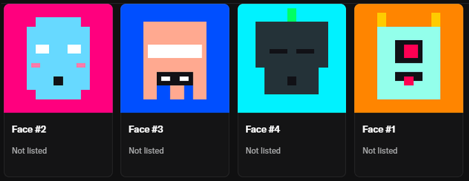A digital interface displaying four pixel-art face options labeled 'Face #2', 'Face #3', 'Face #4', and 'Face #1', all marked as 'Not listed'.
