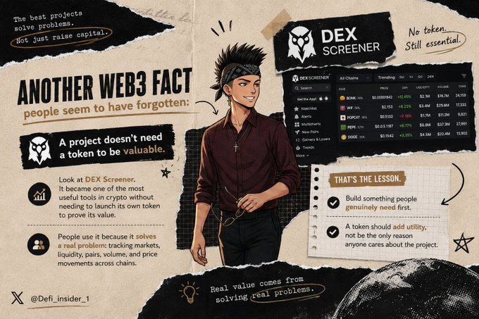 An infographic titled 'ANOTHER WEB3 FACT people seem to have forgotten' from @Defi_insider_1, explaining that 'A project doesn't need a token to be valuable' using DEX Screener as an example.