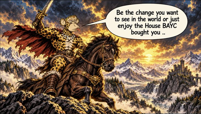 An epic fantasy illustration of a leopard-headed warrior in a red cape riding a rearing horse on a mountain peak, with a speech bubble reading "Be the change you want to see in the world or just enjoy the House BAYC bought you ..".