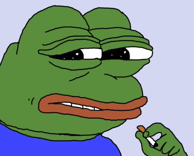A sad Pepe the Frog meme holding a cigarette, paired with a casual "gm" (good morning) greeting commonly used in crypto communities.