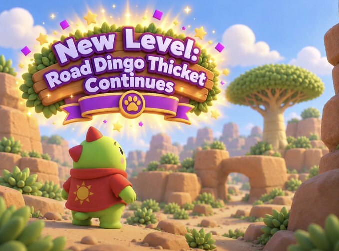 A 3D animated scene of a green character in a red hooded shirt standing in a desert landscape, with a celebratory banner reading "New Level: Road Dingo Thicket Continues."