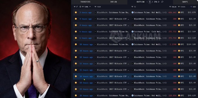 A side-by-side composite image features Larry Fink (CEO of BlackRock) with his hands clasped on the left, and a screen displaying numerous Bitcoin transactions from BlackRock to Coinbase Prime addresses in amounts of 300 BTC, 1 BTC, and other values, with timestamps ranging from 2 to 20 hours ago.