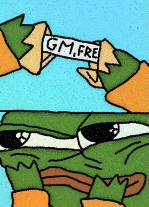 A cartoon drawing of a frog-like character holding a 'GM, FRIEND' scroll.