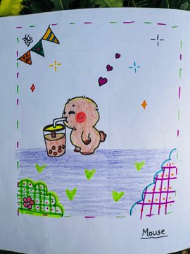 A child's colorful drawing features a brown mouse with pink cheeks drinking bubble tea with boba pearls, surrounded by hearts, stars, party flags, and grassy hills, labeled "Mouse" at the bottom. The whimsical artwork pairs with a post celebrating privacy and data security, using the cute illustration to symbolize a "rock solid" vision for SeismicSys where user data remains protected.