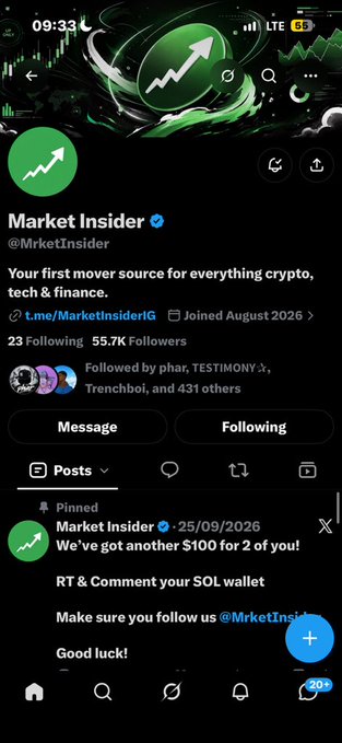 A Twitter/X profile for 'Market Insider' (@MrketInsider) promoting crypto content, with a pinned post offering '$100 for 2 of you' for RT & Comment on SOL wallet.