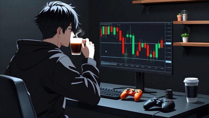 An anime-style illustration of a man in a dark hoodie drinking from a mug while looking at a trading candlestick chart on his monitor, with game controllers and a coffee cup on his desk.