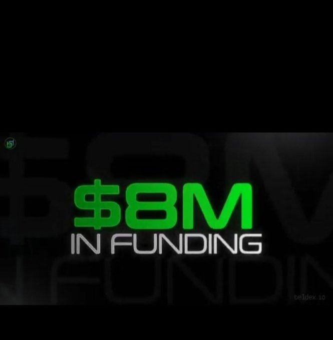 A dark graphic displaying '$8M IN FUNDING' in bold green text, with a 'DeFiDex' logo in the corner, likely promoting a cryptocurrency or DeFi project announcement.