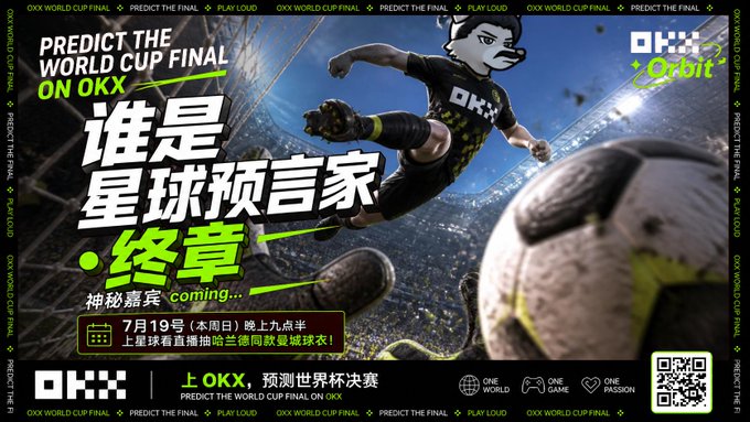 An OKX promotional banner for 'Predict the World Cup Final' featuring a soccer mascot character kicking a ball, with Chinese text announcing the finale chapter airing July 19th at 9:30 PM.