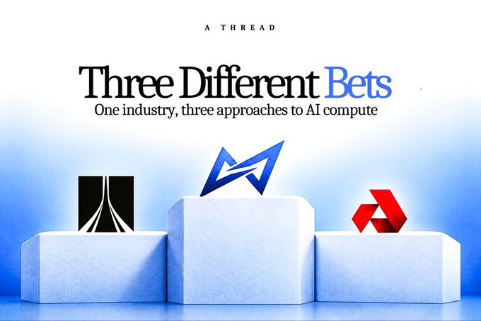 A promotional graphic titled 'A THREAD: Three Different Bets - One industry, three approaches to AI compute' showing three podiums displaying the logos of Lambda, Bitmain (Antalpha), and another red logo on white pedestals.