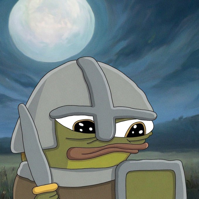 A cartoon Pepe the Frog character wearing a silver knight's helmet and armor stands against a dark, cloudy night sky illuminated by a large full moon, holding a sword.