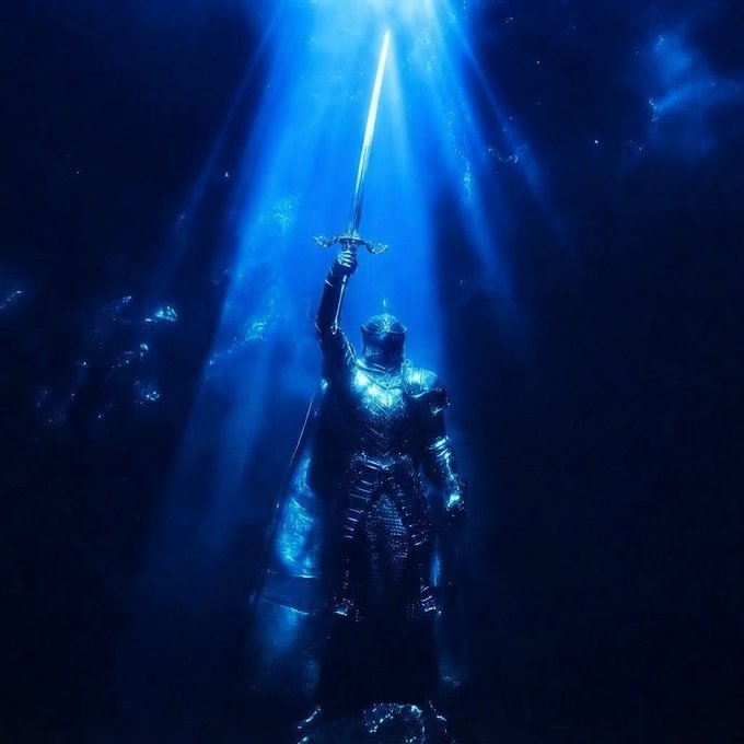 An armored warrior stands bathed in ethereal blue light, raising a luminous sword skyward with unwavering resolve. The radiant beams piercing the darkness mirror the post's theme, visually capturing the "aura of unwavering conviction" through the figure's steadfast posture and the sword's divine glow.