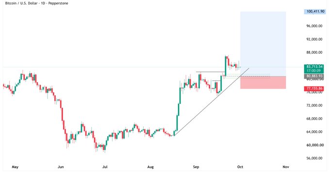 A Bitcoin (BTC) trading chart from TradingView by 'Pepperstone', displaying daily candlesticks, trendlines, and a highlighted supply/demand zone with a target price marked at 100,411.90.