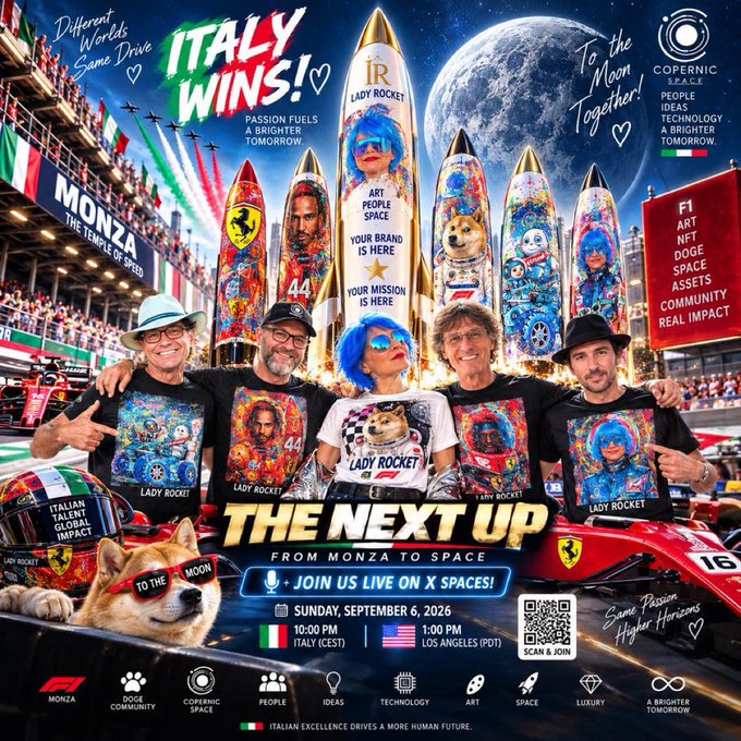 A promotional poster for a Monza event titled 'THE NEXT UP: FROM MONZA TO SPACE,' featuring people in 'Lady Rocket' shirts posing in front of colorful rockets and a Ferrari, with text 'ITALY WINS!' and a live stream scheduled for Sunday, September 6, 2026.