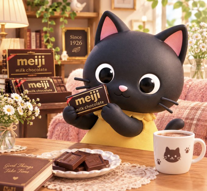A black cartoon cat character in a yellow dress holds a Meiji milk chocolate bar while sitting at a table with a plate of chocolate squares, a cat-themed mug, and Meiji chocolate boxes in the background.