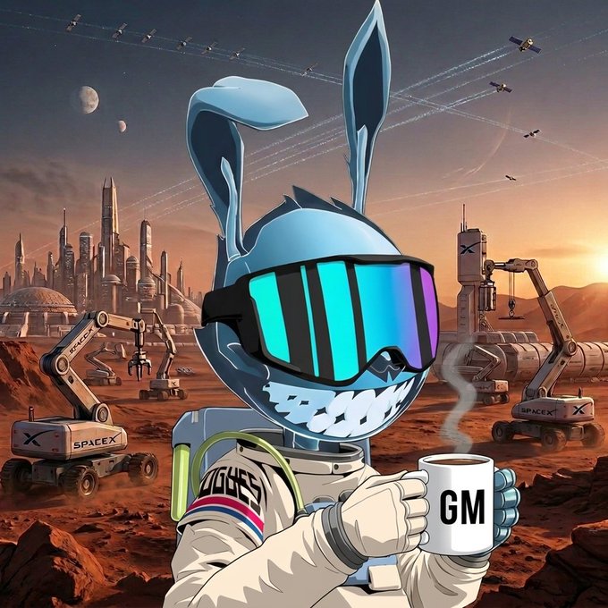 A digital illustration of a cartoon rabbit astronaut wearing reflective blue/purple ski goggles and a Russian-themed spacesuit, holding a mug labeled 'GM' on a Mars-like landscape with SpaceX machinery and satellites in the background.