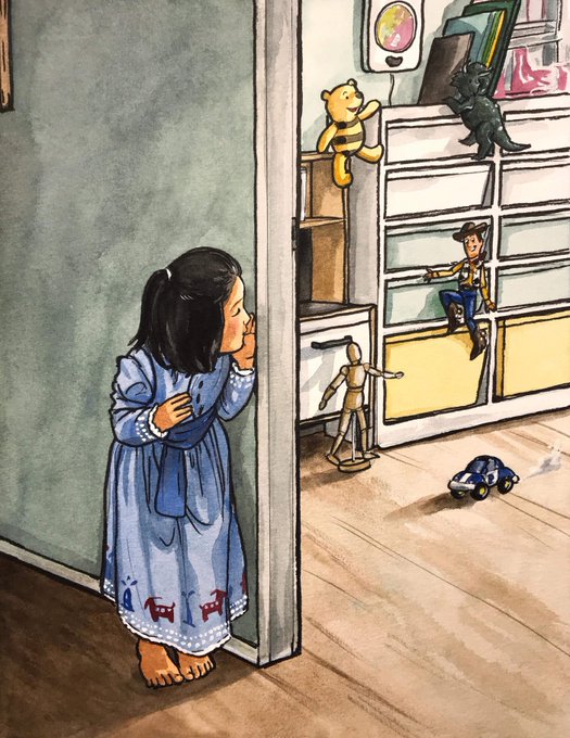 The image depicts a young girl standing near a door, leaning against it as she looks over her shoulder at something behind her. The scene takes place in a room filled with various toys, including a teddy bear, action figures, and other playthings. The girl's position next to the door suggests that she is peeking out or observing something happening outside of the frame.