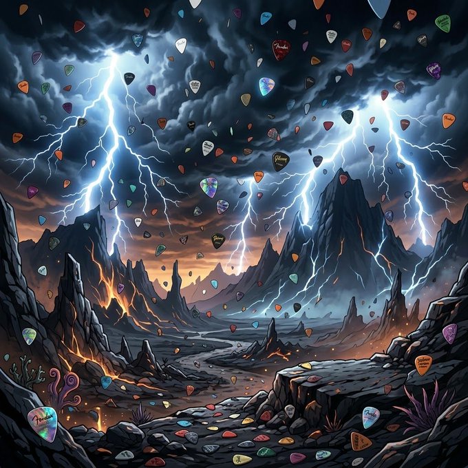 A fantasy landscape featuring jagged mountains under a stormy sky with lightning bolts, while colorful guitar picks rain down across the scene.