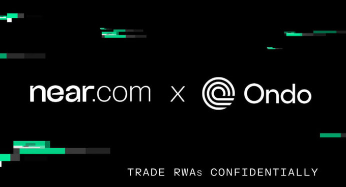 A black promotional graphic featuring 'near.com × Ondo' collaboration logos with the tagline 'TRADE RWAs CONFIDENTIALLY' and glitchy green visual effects.