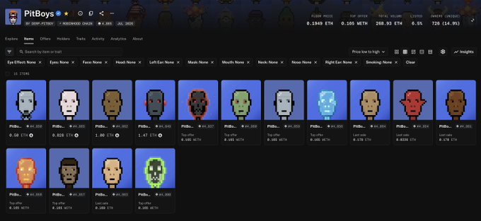 Screenshot of the 'PitBoys' NFT collection showing pixel-art character punks with a floor price of 0.106 ETH, top offer 0.065 ETH, 728 items, and various trait filters like Ego Effect, Ego Nose, and Head.