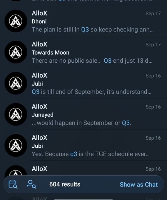 A Telegram search showing 604 results for messages from AlloX, with multiple users (Dhoni, Towards Moon, Jubi, Junayed) discussing the Q3 TGE timeline on Sep 16-17, corroborating the post's claim that the project missed its Q3 launch deadline as predicted.
