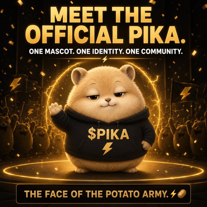 A digital illustration shows a cartoon hamster wearing a black hoodie with '$PIKA' and a yellow lightning bolt, surrounded by a cheering crowd holding flags, with text reading 'MEET THE OFFICIAL PIKA.'