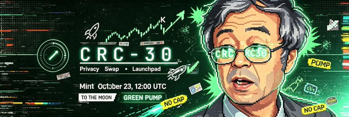 A pixel-art style banner featuring a bespectacled man's portrait alongside promotional graphics for "CRC-30," highlighting its mint date of October 23, 12:00 UTC and key features: Privacy, Swap, and Launchpad, with additional text like "TO THE MOON," "GREEN PUMP," and "NO CAP." The design visually reinforces the post's description of CRC30 as a comprehensive BTC ecosystem platform with no caps and promising growth.