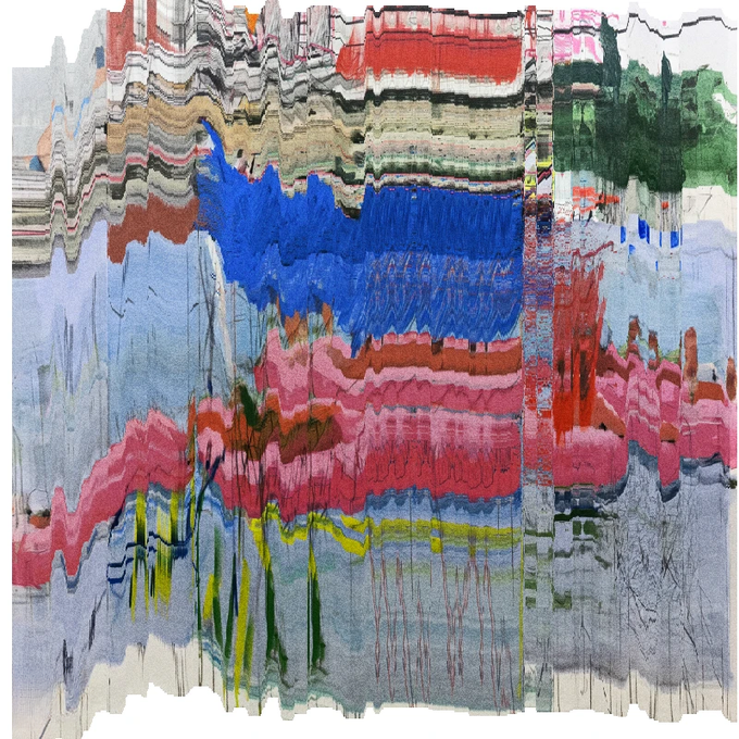An abstract artwork with vibrant dripping and streaking colors including red, pink, blue, green, and yellow creating a textured, painterly composition.