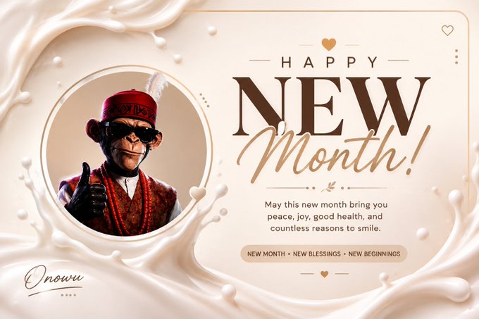 A 'Happy New Month' greeting card featuring a monkey character in sunglasses and a red outfit giving a thumbs up, with text wishing peace, joy, and good health.