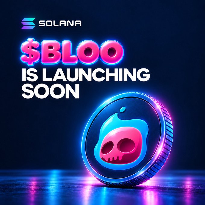 A neon-styled promotional graphic features the Solana logo and "$BLOO IS LAUNCHING SOON" text above a glowing 3D coin displaying a pink skull on a blue blob design, announcing the upcoming launch of the $BLOO meme coin on the Solana blockchain as mentioned in the accompanying airdrop post.