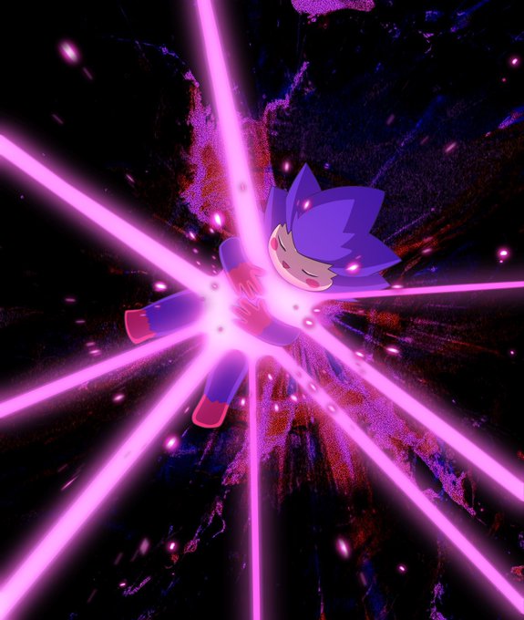 A Sonic the Hedgehog character is depicted in an anime style, lying down with eyes closed as bright pink and purple energy beams radiate outward from his body against a dark background.