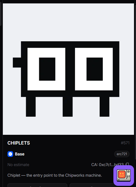 A digital NFT card from the Chiplets collection (#571) featuring a minimalist black and white robot/glasses icon on a gray background, labeled 'Base' with contract address starting '0xc7c1...'.