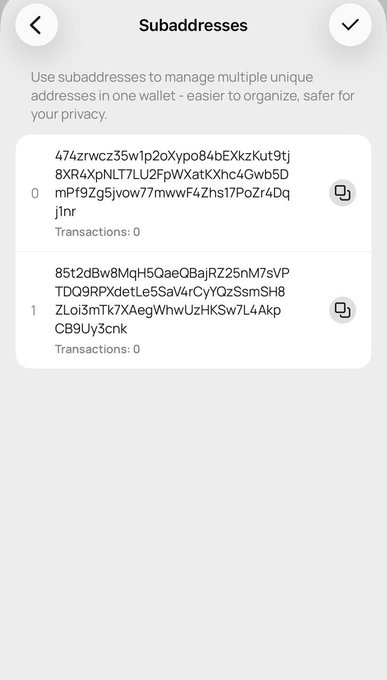 A mobile screen titled "Subaddresses" displays a list of two Monero wallet addresses—one starting with "4" and another with "8"—each showing "Transactions: 0," illustrating the privacy tip about subaddresses for managing multiple unique XMR receiving addresses.