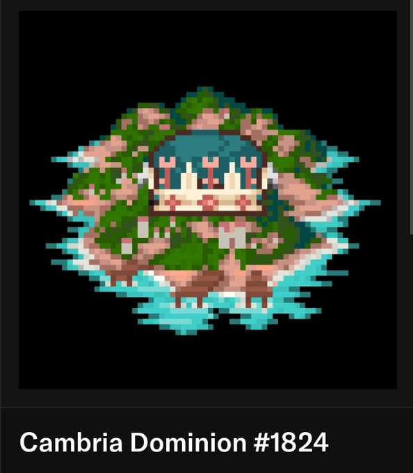 A pixel art illustration of a green island with a crown at its center, labeled 'Cambria Dominion #1824' at the bottom.