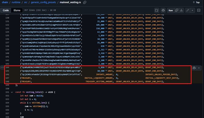 Screenshot of Rust code from a file path `chain/runtime/src/genesiS_config_presets/mainnet_vesting.rs` showing token allocation entries with a highlighted block containing lines about Treasury and INITIAL_LIQUIDITY_AMOUNT with GRANT_UNLOCK_DELAY_DAYS and GRANT_END_DAYS vesting parameters.