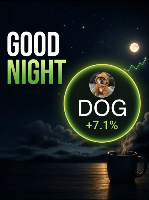 A nighttime graphic with 'GOOD NIGHT' in white and green text, a central green circle displaying 'DOG +7.1%' with a small dog in a hoodie, set against a starry sky with a moon, steam rising from a coffee mug in the foreground.
