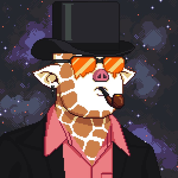 Pixel art of an anthropomorphic giraffe wearing a black top hat, orange sunglasses, and a pink shirt under a black jacket against a starry night sky.