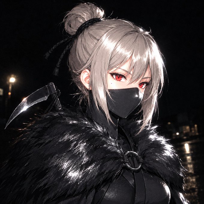 An anime-style silver-haired character with red eyes wears a black face covering and a glossy black fur cloak in a dark nighttime setting.