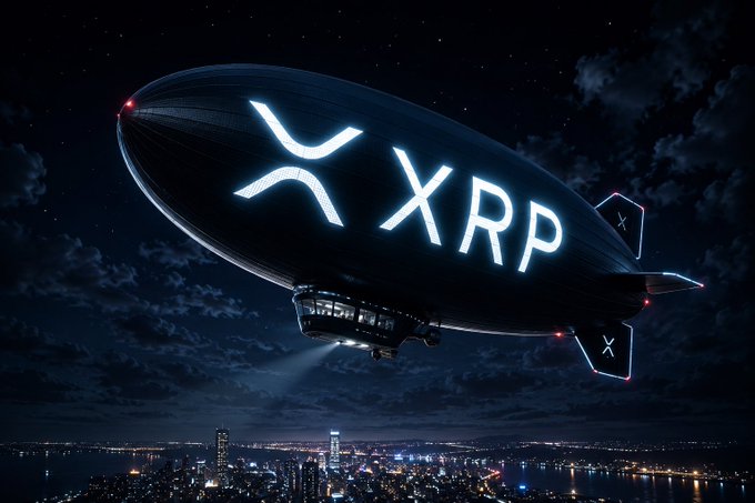 A dark airship or blimp flying over a city skyline at night, displaying the illuminated XRP logo and Ripple symbol on its side.