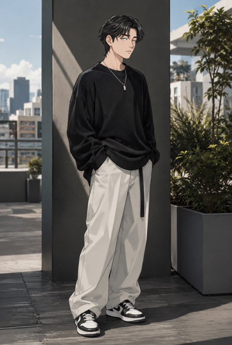 An anime-style illustration depicts a stylish young man with black hair wearing an oversized black sweater, loose white pants, and black and white sneakers, leaning against a concrete pillar on a city rooftop.