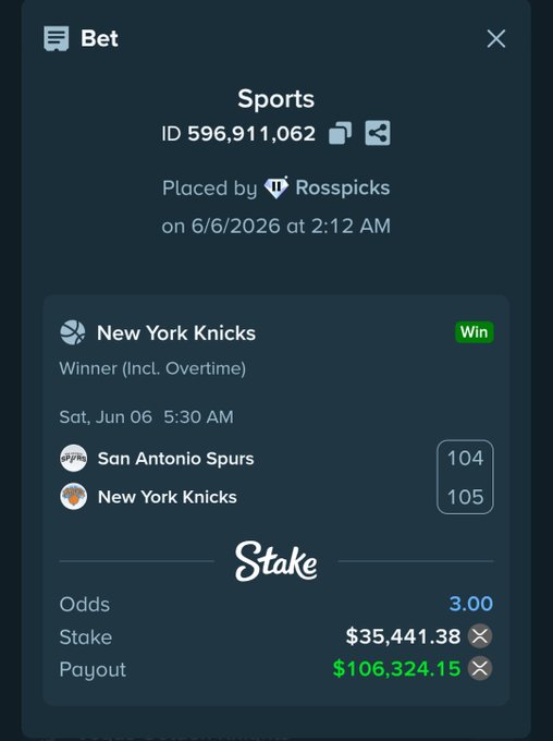 The image shows a screenshot of an app called Stake, which appears to be related to sports betting. A player has placed their bet for New York Knicks and won by one point, with a total of $106.32. This outcome is displayed in the app as "BANNG cashout $106,324.15 KNICKS 105-104 WIN BY 1 POINT @stake @StakeEddie THAT'S WHAT WE DO BABY!! ABSOLUTE SWEAT FEST BUT THE BAG CASHES FOLLOWS: @rosspicks & @demize21 RT + LIKE + tag a friend Drop your #stake username". This post also has a small advertisement in the bottom left corner. The image is accompanied by text that provides information about how to use the app and what it does.