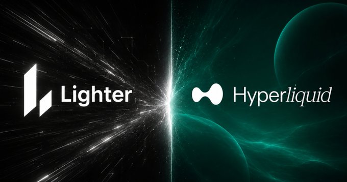 The image is a split-screen graphic featuring the **Lighter** and **Hyperliquid** logos/wordmarks positioned against a cosmic backdrop—black with white star streaks on the left, and deep teal with planetary shapes on the right—symbolizing the contrast between the two trading platforms discussed in the post.