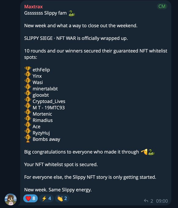 A Discord message from user 'Maxtrax' announcing winners of the 'SLIPPY SIEGE · NFT WAR' who secured NFT whitelist spots.
