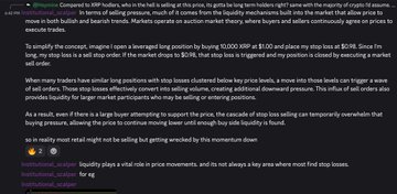 The image shows a tweet by @simpcoinsquad discussing market mechanics such as order blocks, liquidity pools, stop-loss cascades, and bid/ask orders, using XRP as an example. It relates to the accompanying post by emphasizing the importance of understanding market mechanics like liquidity, stop-loss cascades, hidden orders, and distribution over chasing viral price predictions like "$1000 XRP."