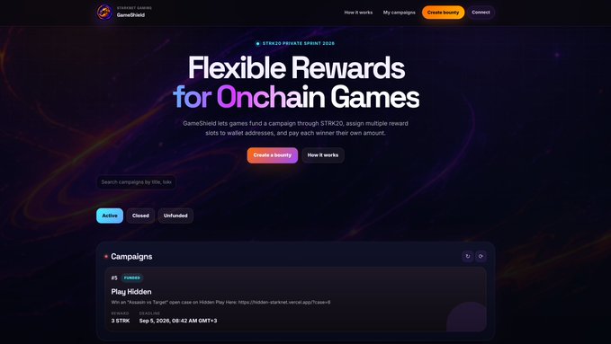 A website screenshot for 'STRKR20 PRIVATE SPRINT 2026' titled 'Flexible Rewards for Onchain Games' with a 'Create bounty' button.