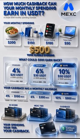 A MEXC promotional graphic asking 'HOW MUCH CASHBACK CAN YOUR MONTHLY SPENDING EARN IN USDT?' showing a $500 example spending breakdown and three cashback tiers: Standard 4% ($20 USDT), Premium 6% ($30 USDT), and Elite 10% ($50 USDT).