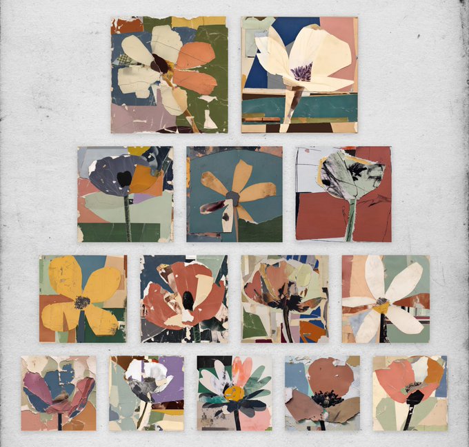 A collection of 13 abstract floral collage paintings arranged in a pyramid-like grid against a textured light gray background. The artworks feature stylized flowers in muted reds, yellows, blues, greens, creams, and purples, with no visible text or names.