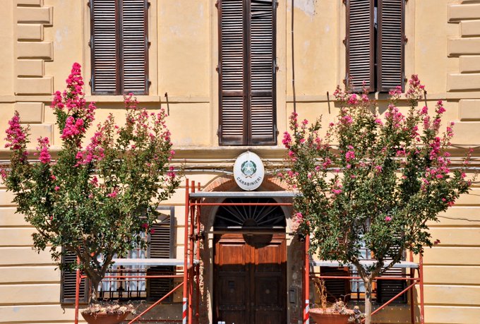 A photograph of a yellow building facade with closed brown wooden shutters, a wooden door beneath a circular emblem, and two pink crepe myrtle trees flanking the entrance behind an orange metal fence.